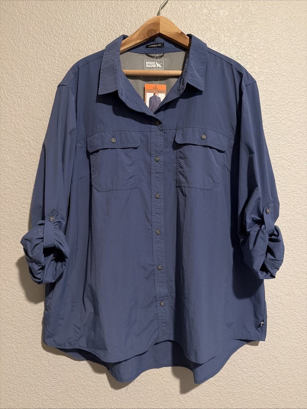 NWT EDDIE BAUER Long Sleeve Mountain Ripstop Top Vented Nylon Blue Hiking Travel